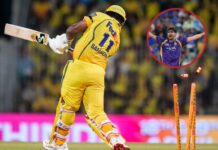 IPL में रोमांचक पल: सैमसन का बैट छूटा, त्यागी की गेंद पर क्लीन बोल्ड image 2026 04 15T182717.725